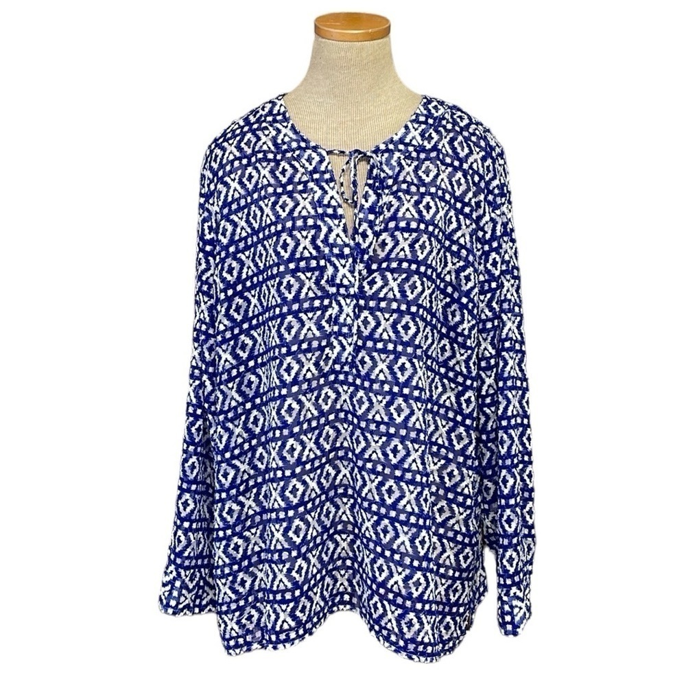 Chico's Blouse Women's XL Extra Large 16 Blue Geometric Long Sleeve Top Shirt